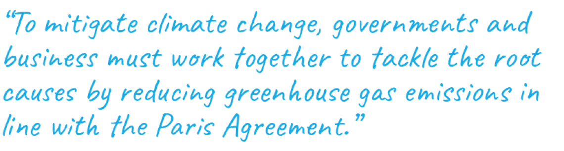 “To mitigate climate change, governments and business must work together to tackle the root causes by reducing greenhouse gas emissions in line with the Paris Agreement.”