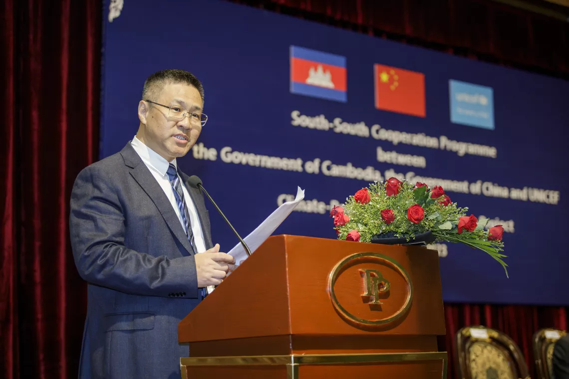 Dong Yanfei, Deputy Director General of Lancang-Mekong Water Resources Cooperation Center of China’s Ministry of Water Resources, speaks at a consultation workshop on climate-resilient water and sanitation (WASH) technologies and solutions in Phnom Penh on 29 August 2023.