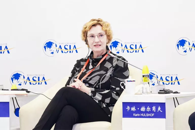 UNICEF Deputy Executive Director for Partnerships Karin Hulshof attends the session of A Better Education for the Next Generation at the 2023 Boao Forum for Asia annual conference in southern China's Hainan Province on 29 March 2023.
