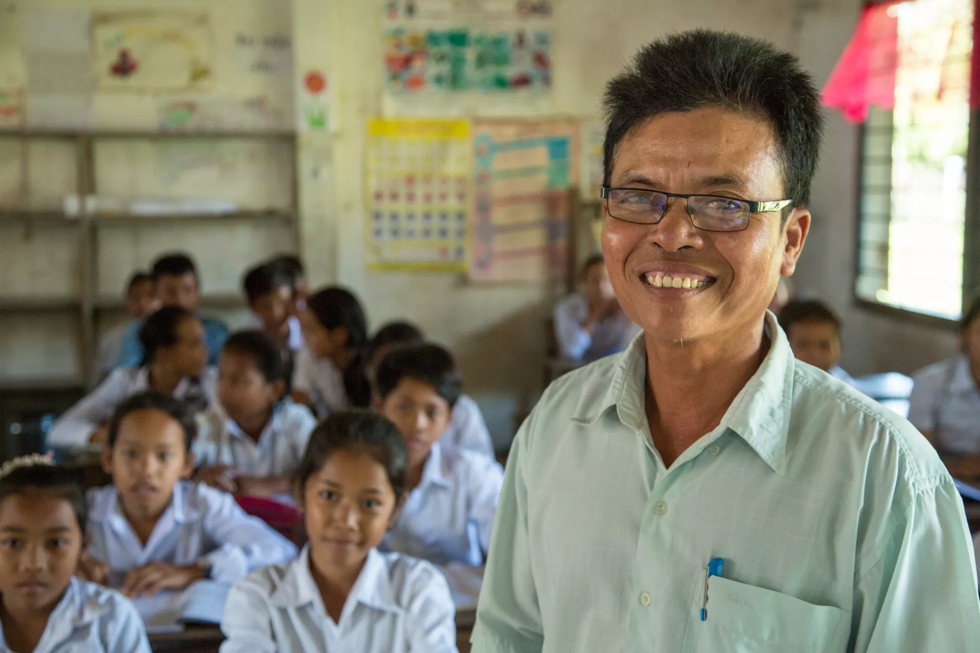 CAMBODIA, Kampong Thom, Baray District, Snor Kley Primary School; Dec. 05, 2017: Long Noeum, grade 6A teacher, Snor Kley Primary School, during interview by UNICEF team. 