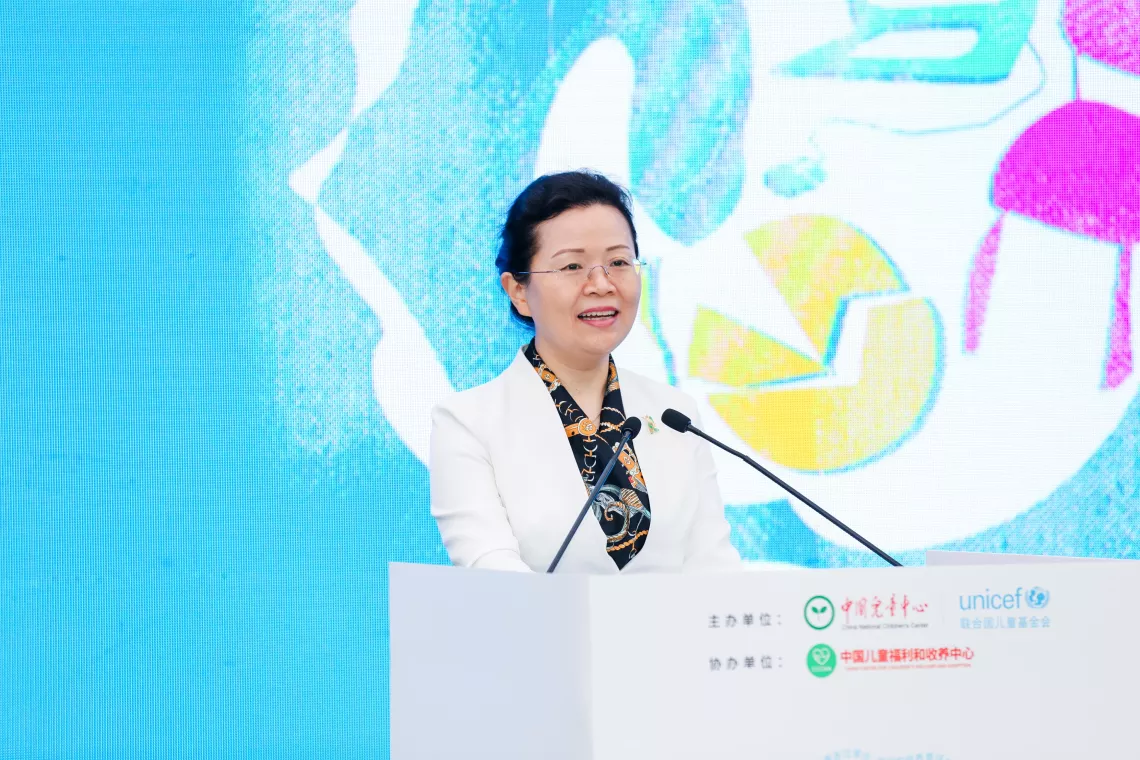 Ni Chunxia, Director General of the China Center for Children's Welfare and Adoption, gives a speech at the launch of the ‘Light Every Moment of Childhood’ campaign in Beijing on 31 May 2023. The campaign jointly organized by UNICEF and the China National Children's Center, with support from the China Center for Child Welfare and Adoption, aims to equip caregivers with proven tools to nurture relationships with children based on respect, empathy, communication, trust, and role-modelling.