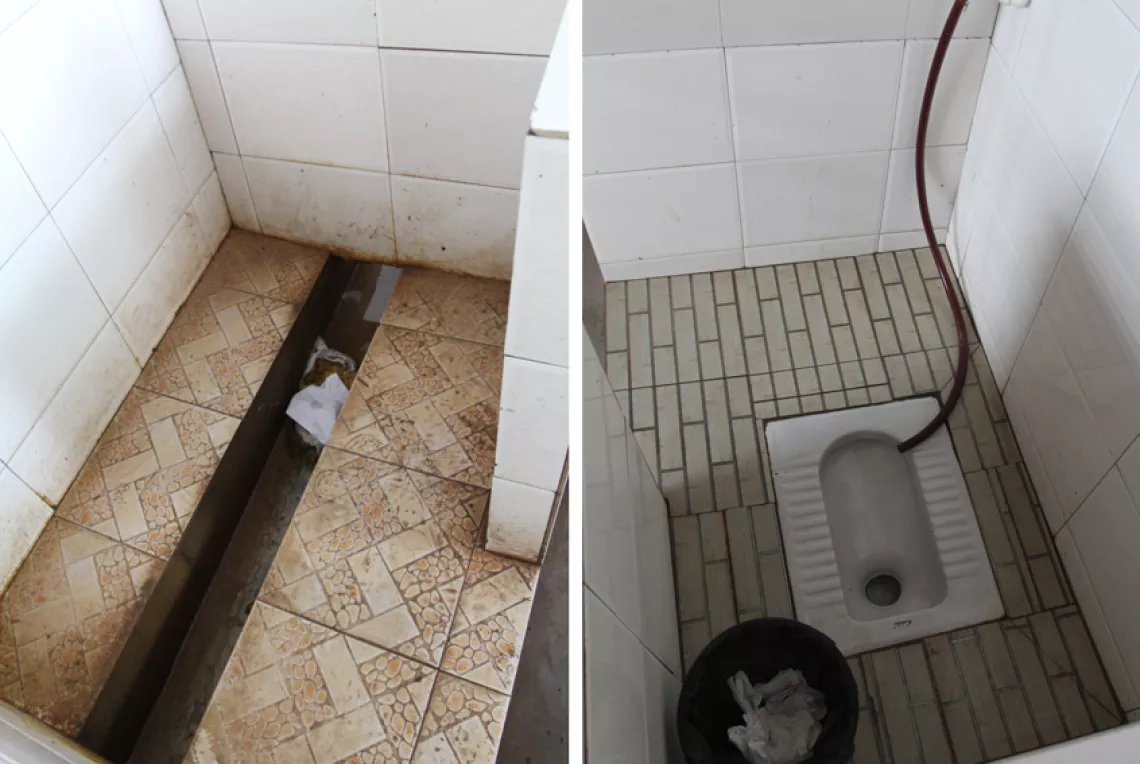 Xingfeng primary school, Chongqing : the old latrine (left) feces exposed due to the poor design of flush and sink facility, smelly and flies; modified latrine (right) with water flush, easy to use, no smell, no flies.