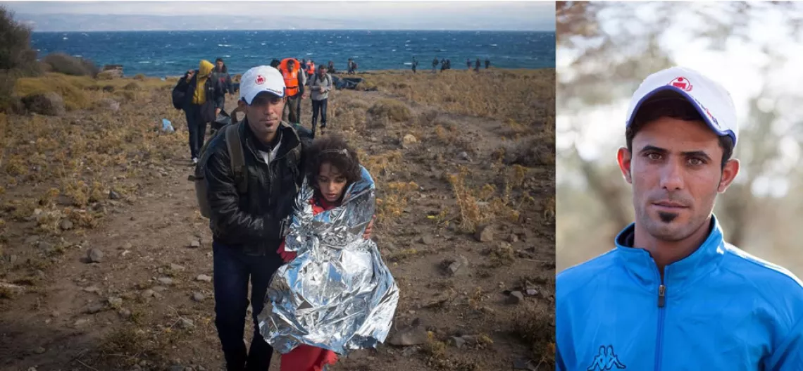 萨法·沙巴以及由他照顾的7岁儿童伊拉夫，从土耳其出发，乘船到达莱斯博斯岛。