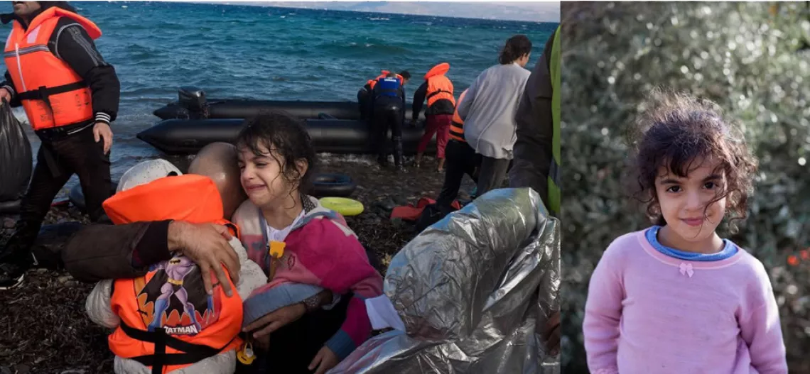 4岁的叙利亚难民锡德拉和她的父母以及兄弟姐妹也乘坐充气橡皮艇，登上了爱琴海海岛斯卡拉艾莱索斯村庄附近的海岸，此时的她忍受着刺骨的寒冷、衣衫已被海水浸湿，泪流满面。