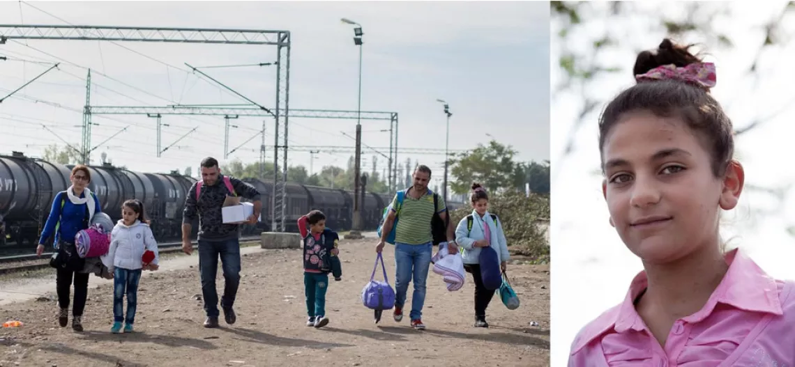 Syrians Lujayne Gorly, 10, and her family are continuing their journey on foot after travelling by train to the village of Tabanovce on the border with Serbia.