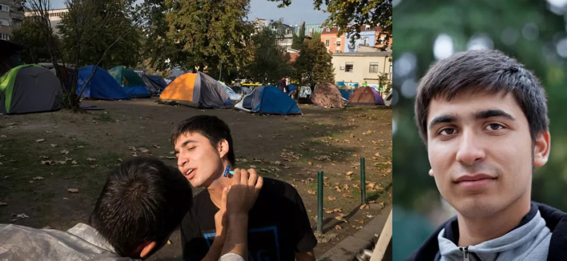 Munir Yousufi, 16, living in a park in Belgrade, learns to shave.