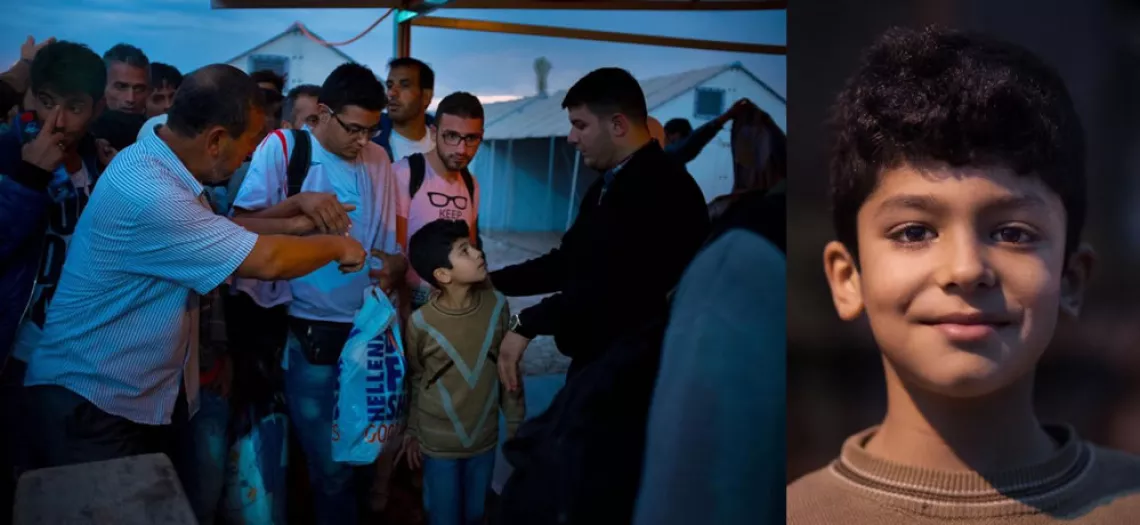 7岁的叙利亚男孩塔里克·阿西勒在塔巴诺夫采村庄下了火车之后，领到了救助难民的物资，接下来他要向塞尔维亚边境出发。他的家人也正前往德国。
