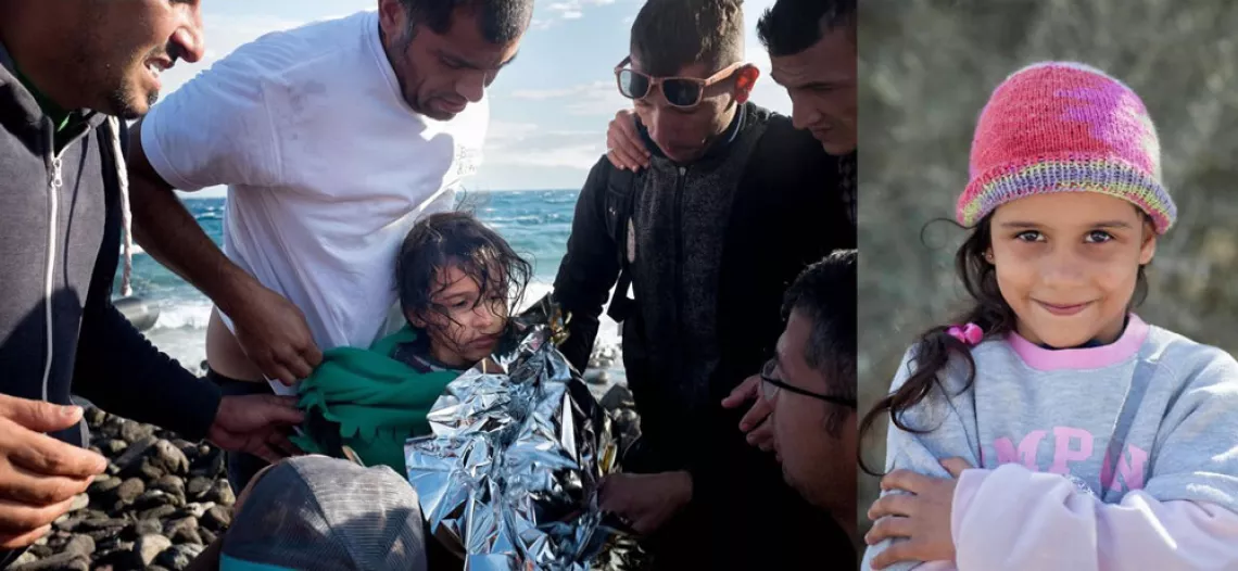7岁的阿德拉·阿勒·布阿迈浑身湿透，裹着毛毯。她刚刚历尽千辛万苦，渡海登上了莱斯博斯岛海岸。