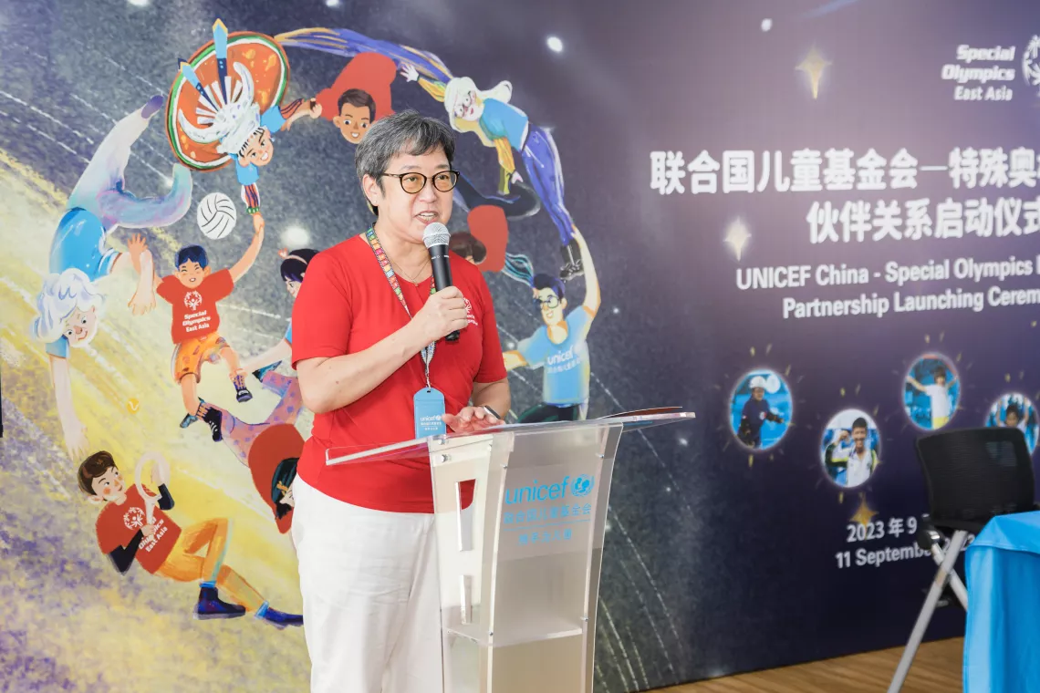 Ms. Freda Fung, Regional President and Managing Director for Special Olympics East Asia, gives speech at the event.