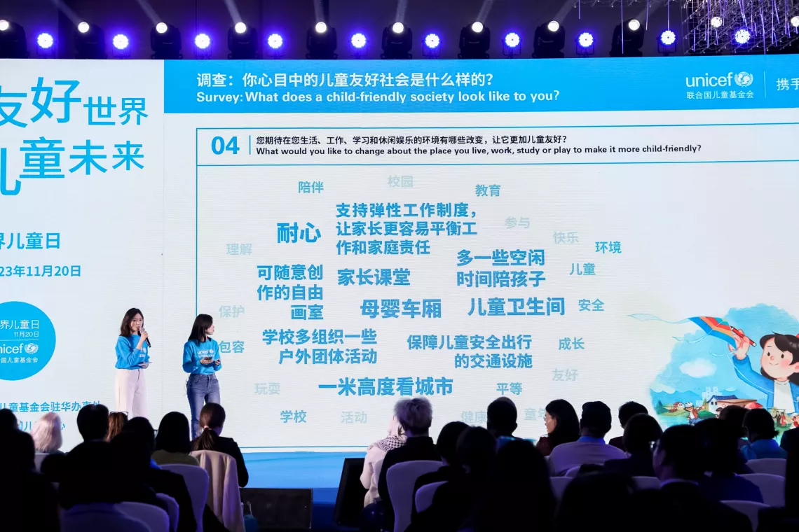 UNICEF Youth Advocate Yu Xinwei (left) and Feng En, a student from the University of International Business and Economics, present the results from an online opinion poll conducted by UNICEF about building a child-friendly society, during the World Children's Day event hosted by UNICEF China in Beijing on 20 November 2023.