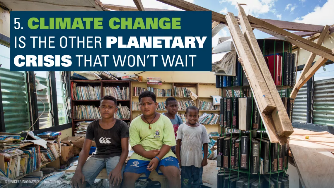 Climate change: Students sit in a library in Fiji devastated by a tropical cyclone