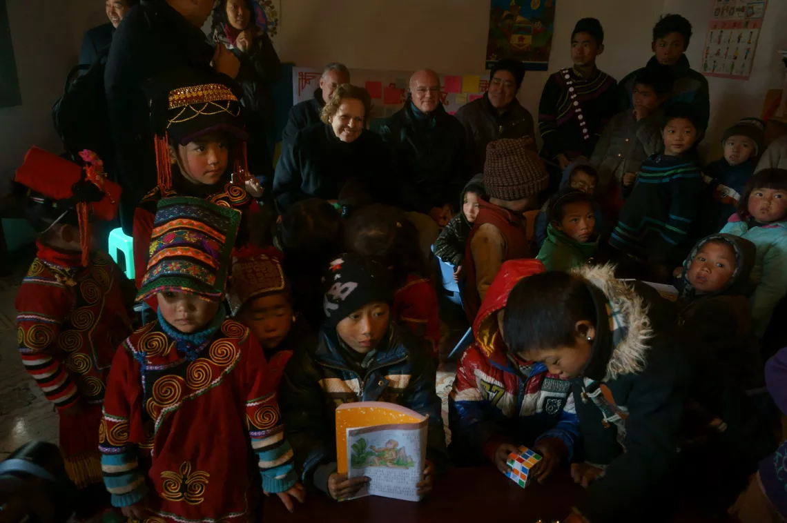 Daniel Toole, UNICEF Regional Director for East Asia and the Pacific, and Gillian Mellsop, UNICEF`s Representative to China, visit the Children`s Place in Muzhaluo Village, Zhaojue, Liangshan, Sichuan Province, China on January 15, 2015.