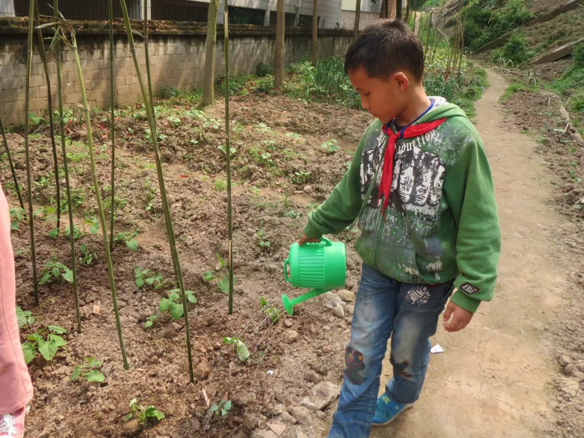Children in Ganjing primary school in Zhong County watering  the vegetables during the social practice class.