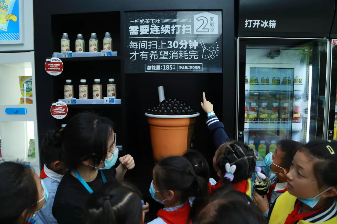 The mock convenience store is filled with the most popular pre-packaged foods among children, such as sugar-sweetened beverages, ice-creams, potato chips and puff foods.