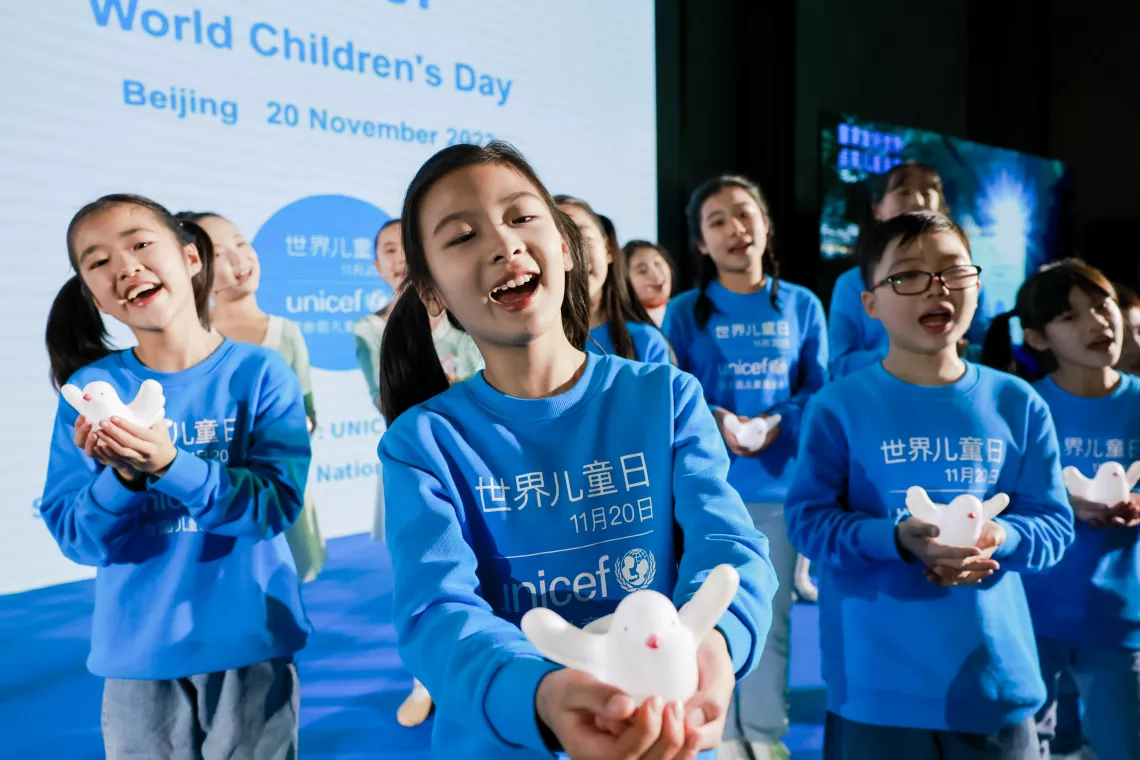 Children from the China National Children's Center perform the World Children's Day theme song ‘In the Future’ created by UNICEF Ambassador Wang Yuan during the World Children's Day event hosted by UNICEF China in Beijing on 20 November 2023.
