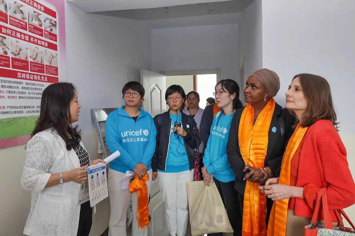 UNICEF Regional Director for East Asia and the Pacific Debora Comini (R1) and UNICEF Representative to China Amakobe Sande (R2) visit a breastfeeding room at the Taizi Township Health Centre in Huzhu Tu Autonomous County, Qinghai Province of China,  on 17 August 2023.