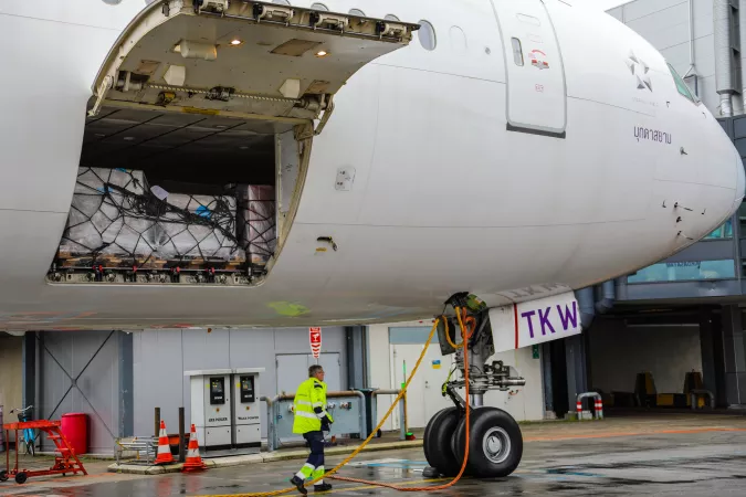 A flight bound for Shanghai is being loaded with more than 5 tons of protective equipment including protective suits and masks at the airport in Copenhagen on 28 January 2020.