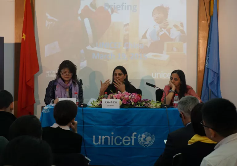 An event is held in UNICEF China Office calling for investing in early years of childhood. Professor Pia Britto, Senior Adviser, Early Childhood Development, UNICEF Headquarters (middle) is answering journalist's questions.