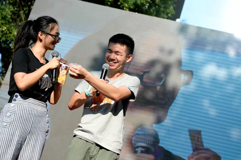On Aug 7, at an event to promote sexual and reproductive health among adolescents supported by the China Center for Health Education and UNICEF China,  two college students from Nanjing explains how to use a female condom during a role play session.