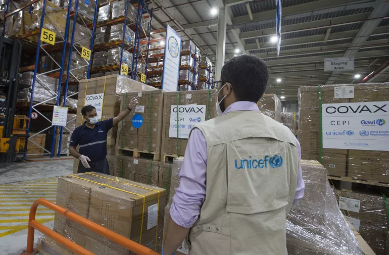 On 21 February 2021, UNICEF's staff Rafik El Ouerchefani, oversees the distribution operation of auto-disable syringes and safety boxes at a warehouse in Dubai Logistics City, United Arab Emirates.