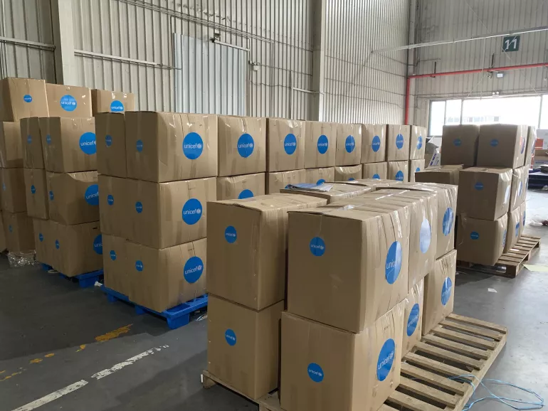 On 28 Jul 2021, the fist batch of UNICEF supplies for the children affected by the flood in Henan are ready to make their way to the Xinxiang City.