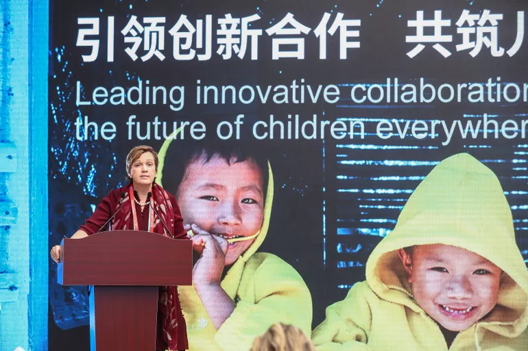 Ms. Rana Flowers, UNICEF China Representative speaks at the event.